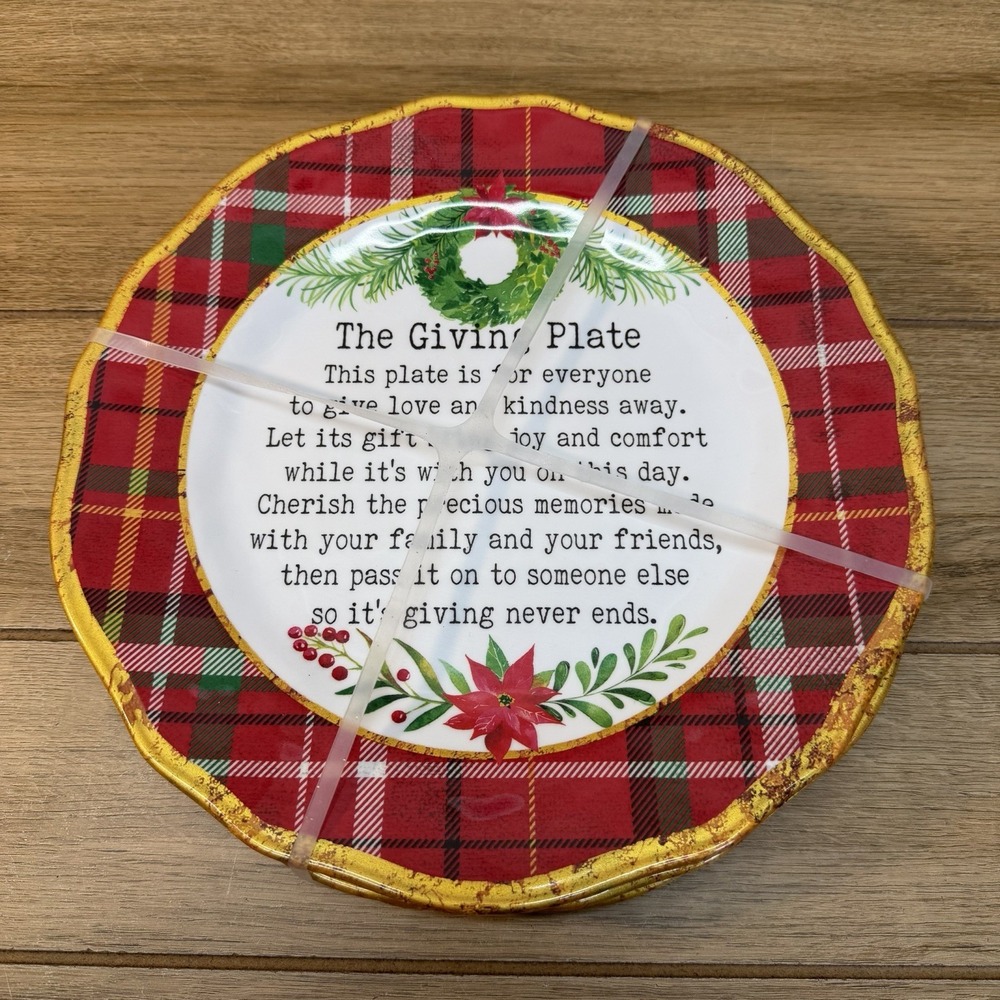 4 Christmas Melamine 10.5" Dinner The Giving Plate Red Plaid Tartan Holiday New